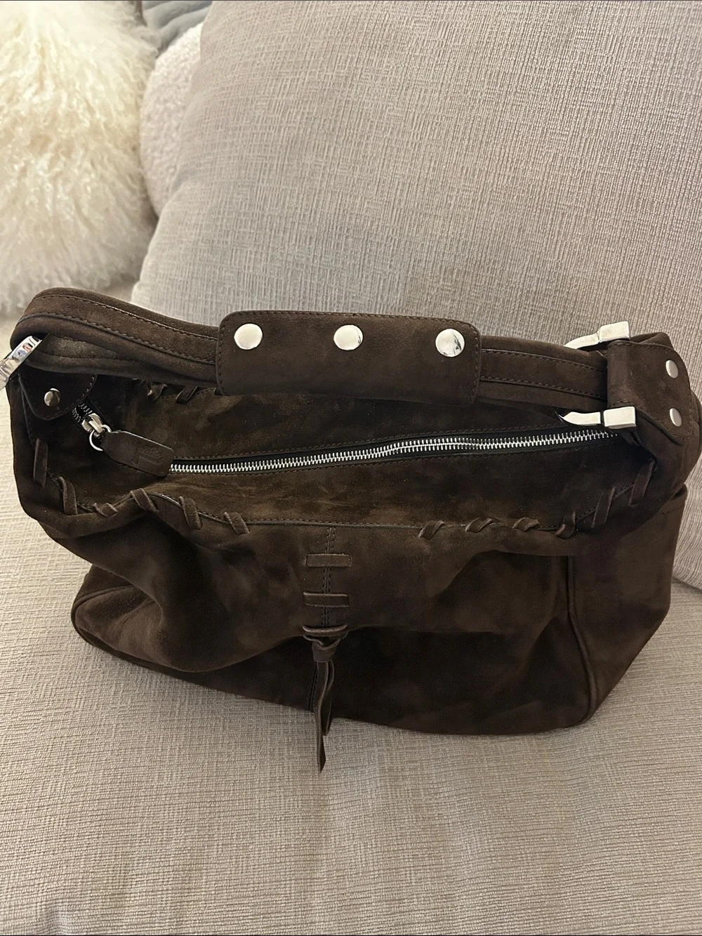 Tod's Dark Brown Suede Shoulder Bag with Braided Trim